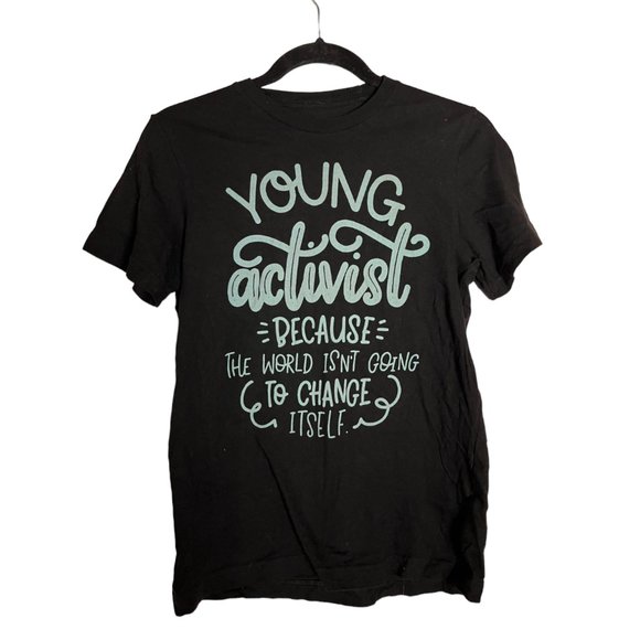 Young Activist Change The World Crew Neck T-shirt Black Teal Blue - Picture 1 of 3